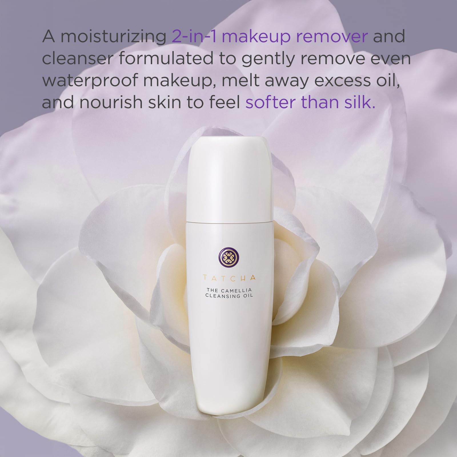 TATCHA Pure One Step Camellia Cleansing Oil makeup remover close-up showing silky texture