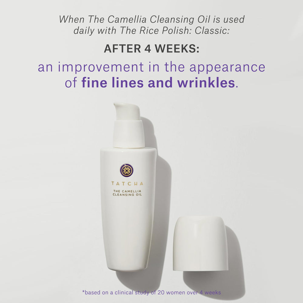 TATCHA Camellia Oil bottle highlight with Hadasei-3 complex suggesting skin radiance