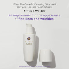 TATCHA Camellia Oil bottle highlight with Hadasei-3 complex suggesting skin radiance