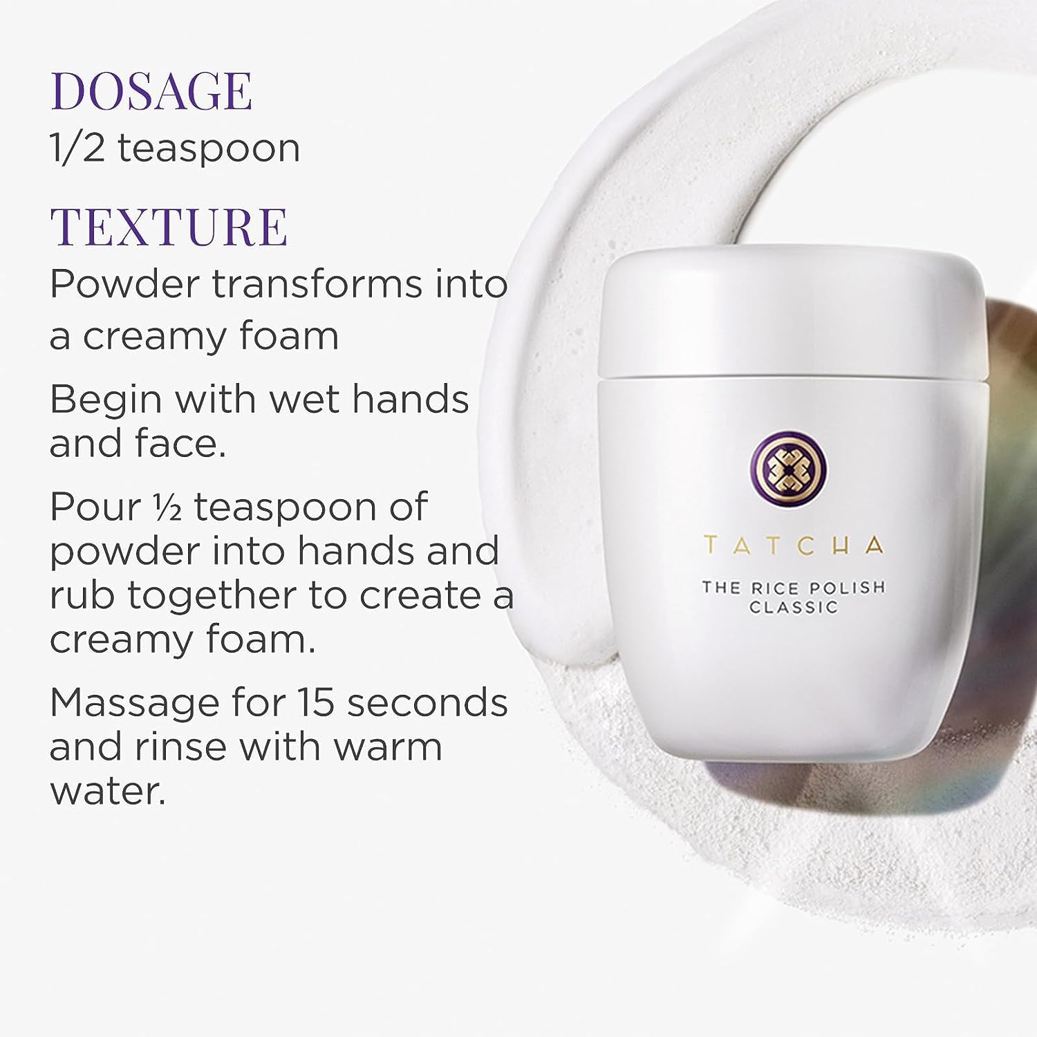 Tatcha Rice Polish Classic jar with scoop for easy, measured exfoliation.