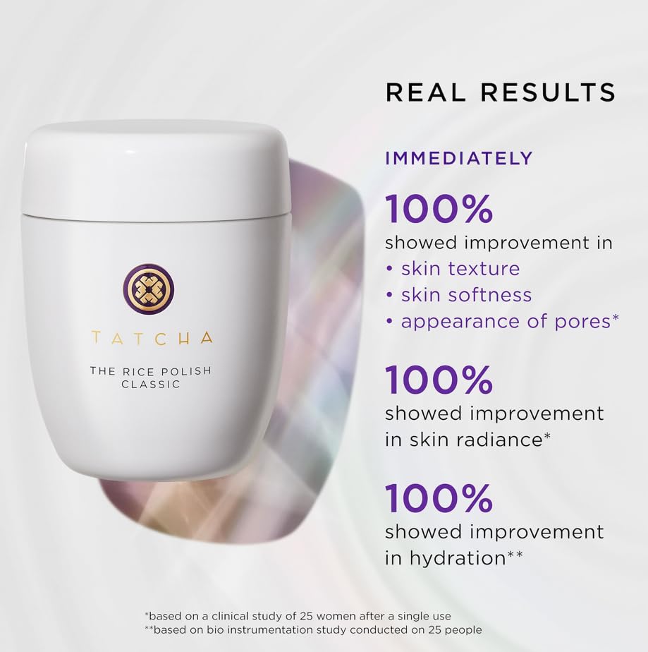 Tatcha Rice Polish Classic packaging beside sink for daily skincare routine.