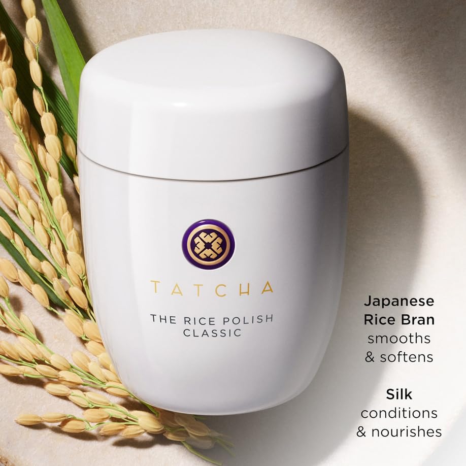 Tatcha Rice Polish Classic texture close-up showing creamy foam for gentle polish.