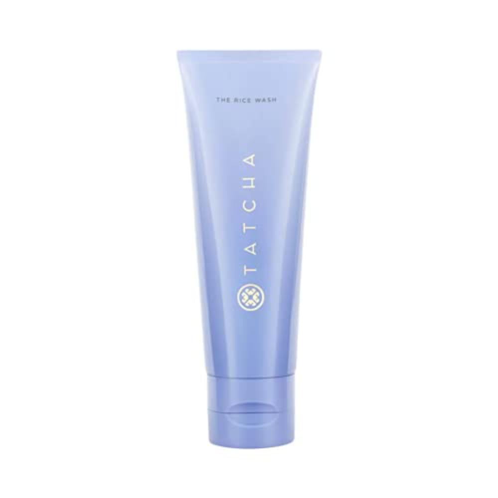 TATCHA Rice Wash bottle on sink for daily cleansing, refreshing skin.