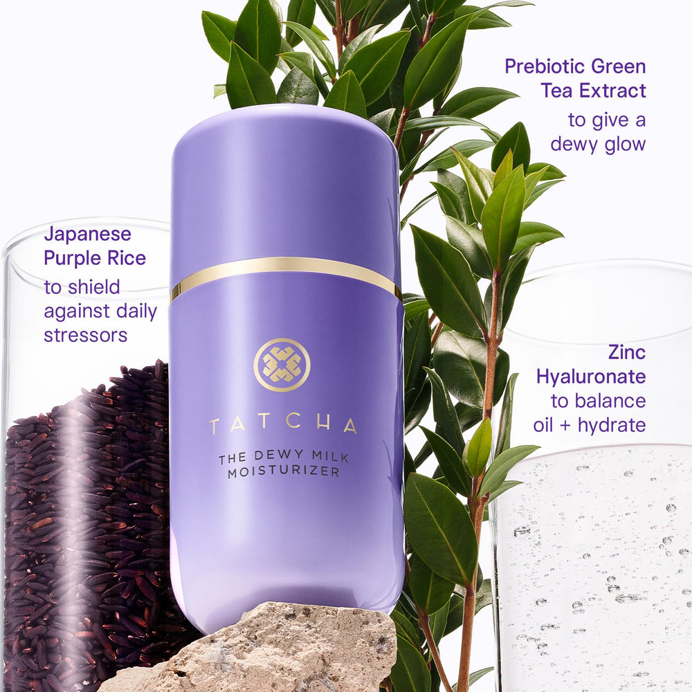 Tatcha The Dewy Milk on the face highlighting dewy glow without heaviness.
