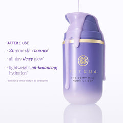 Tatcha The Dewy Milk pump dispense captured mid-action delivering a milky drop of hydration.