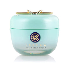 TATCHA Water Cream bottle closeup shows oil-free hydration for refreshed skin.
