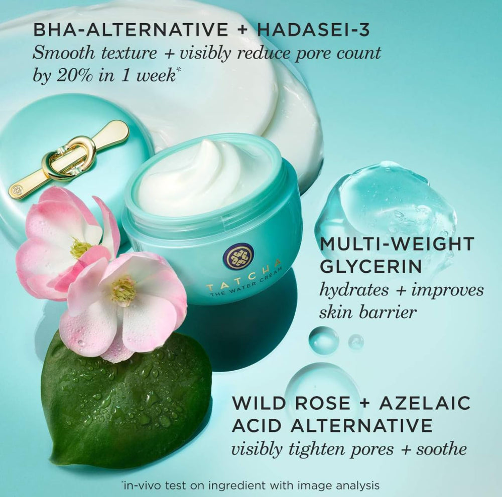 TATCHA Water Cream Japanese Wild Rose for tightened pores and refined texture.