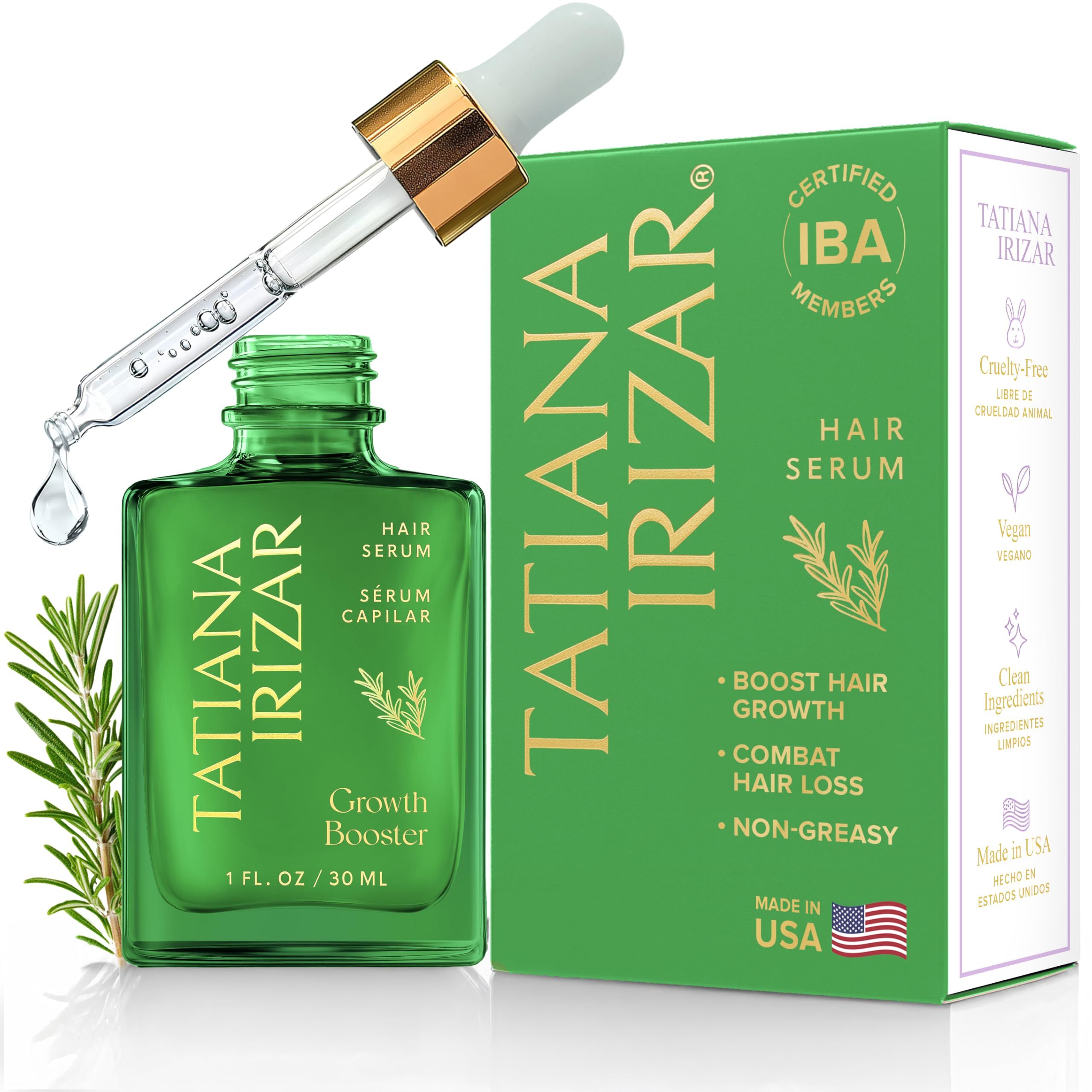 Tatiana Irizar caffeine hair growth serum bottle for daily scalp nourishment, promotes fuller-looking hair.