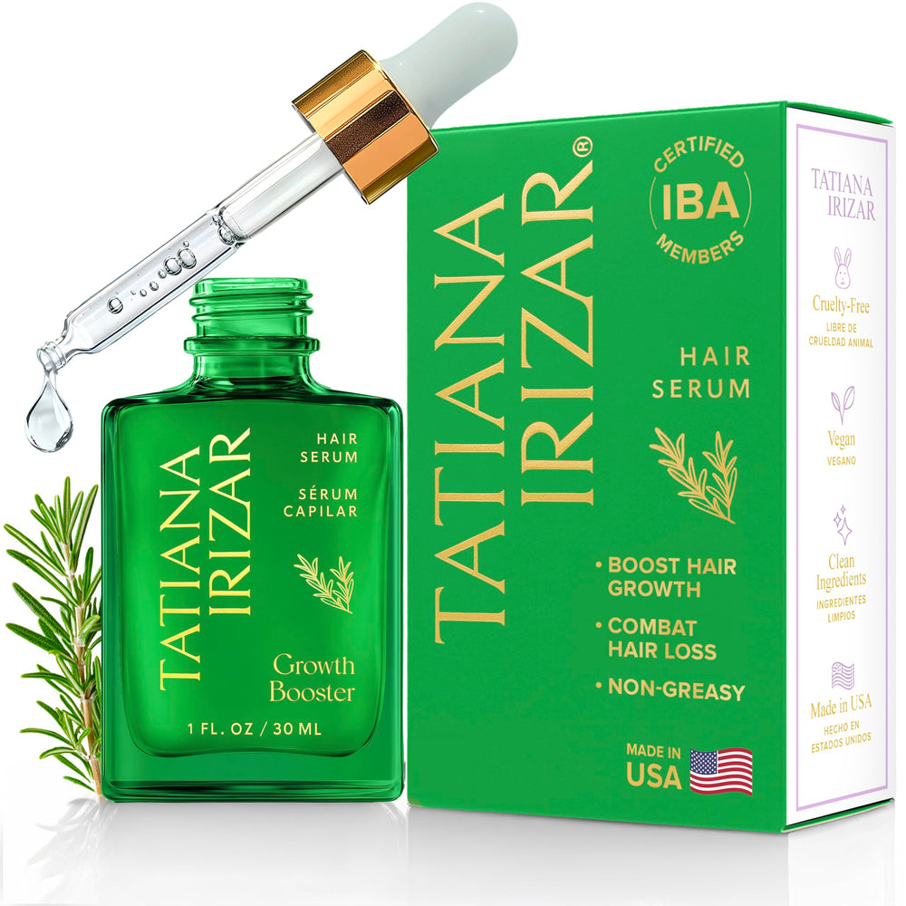 Tatiana Irizar caffeine hair growth serum bottle for daily scalp nourishment, promotes fuller-looking hair.