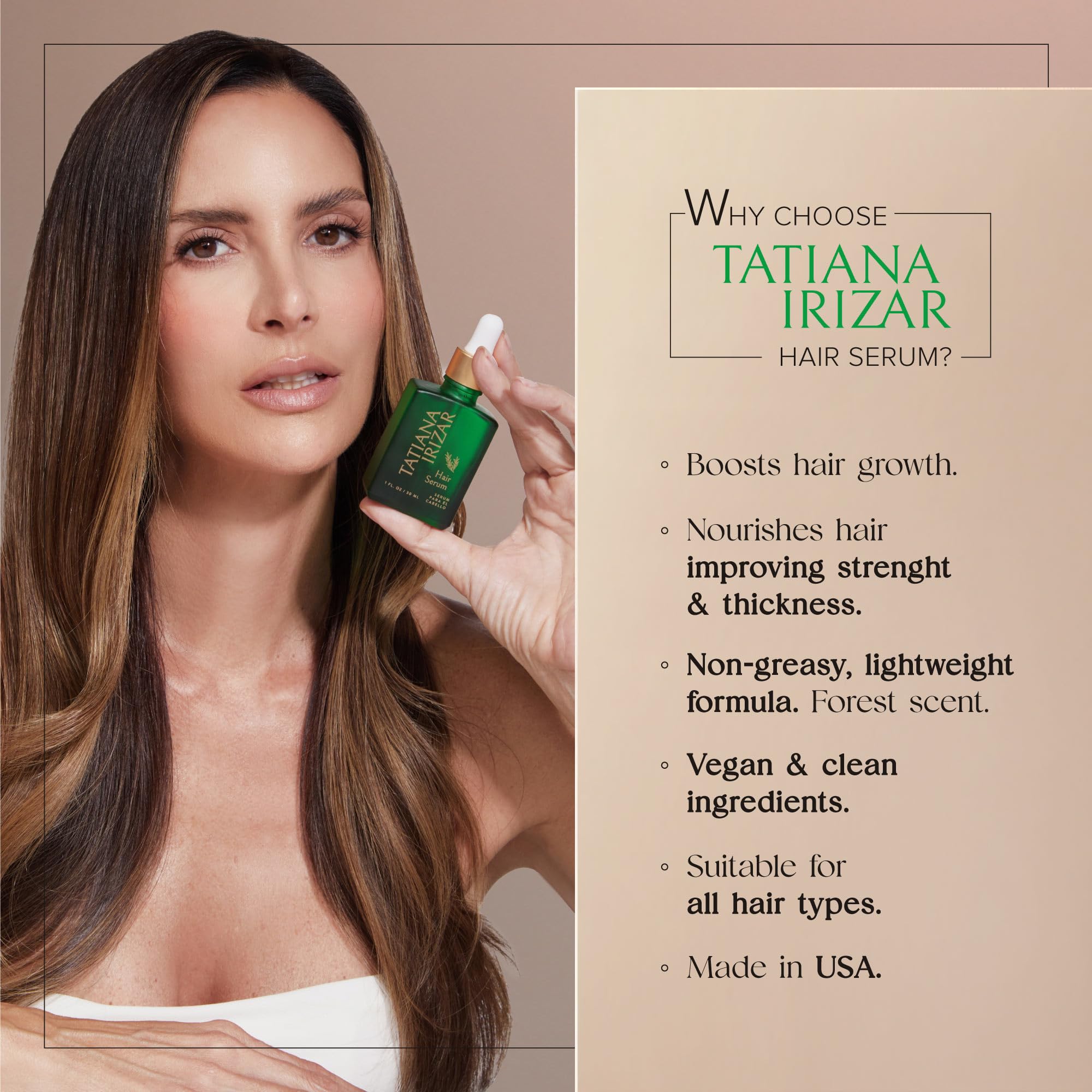 Tatiana Irizar non-greasy herbal scent serum on scalp.