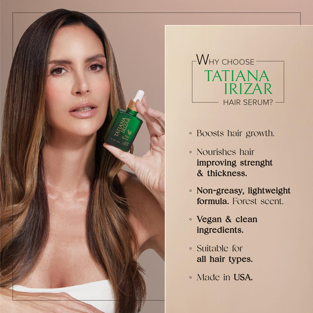 Tatiana Irizar non-greasy herbal scent serum on scalp.