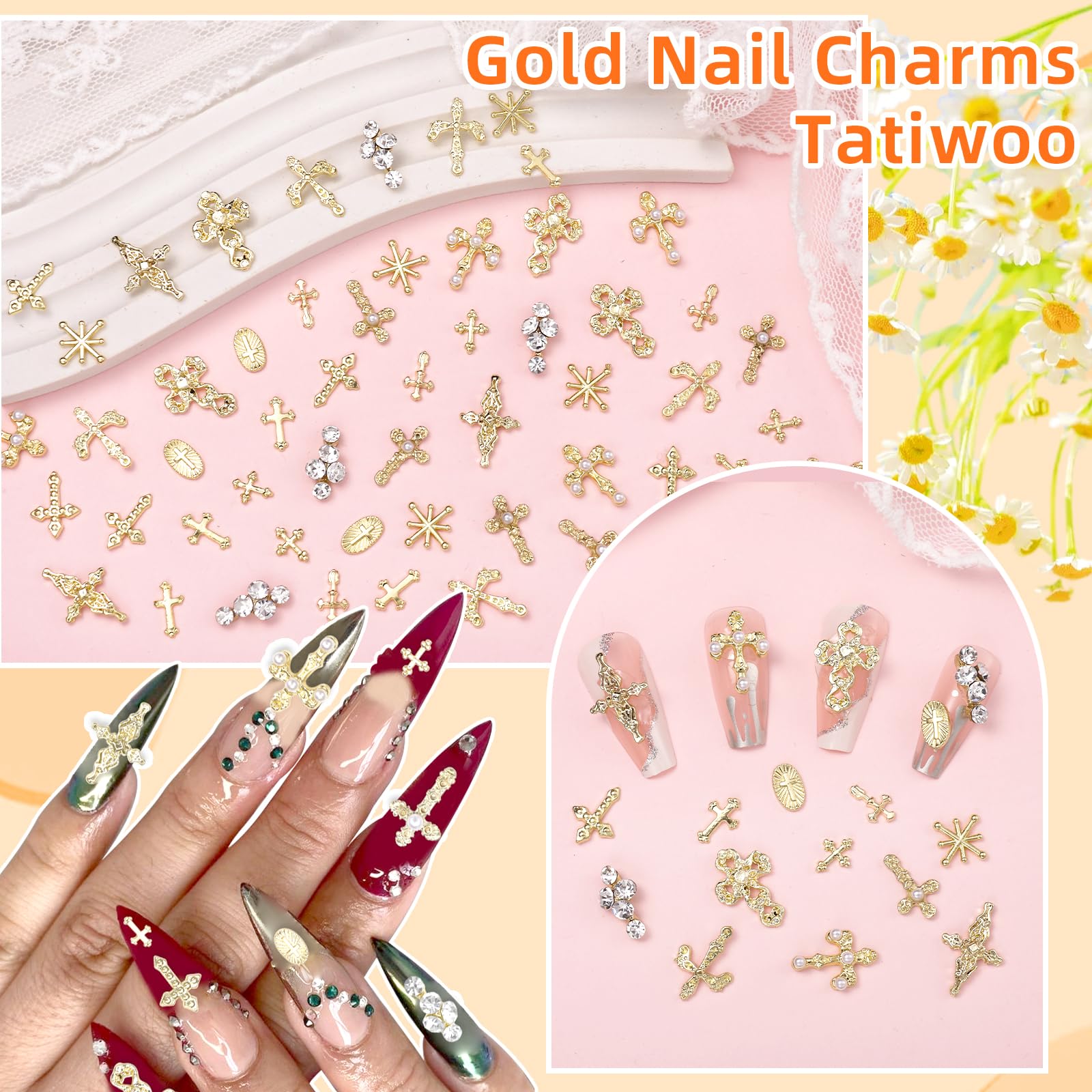 Tatiwoo gold nail charms detail highlighting rhinestones on a gold base.