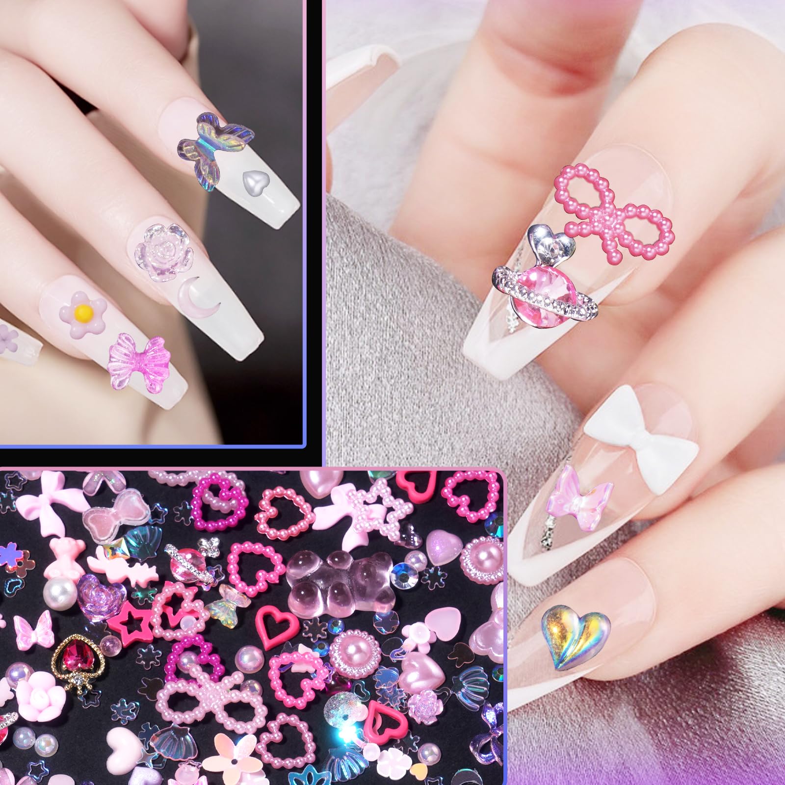 Tatiwoo pink bear nail charms bring cute touch to multi-layered designs.