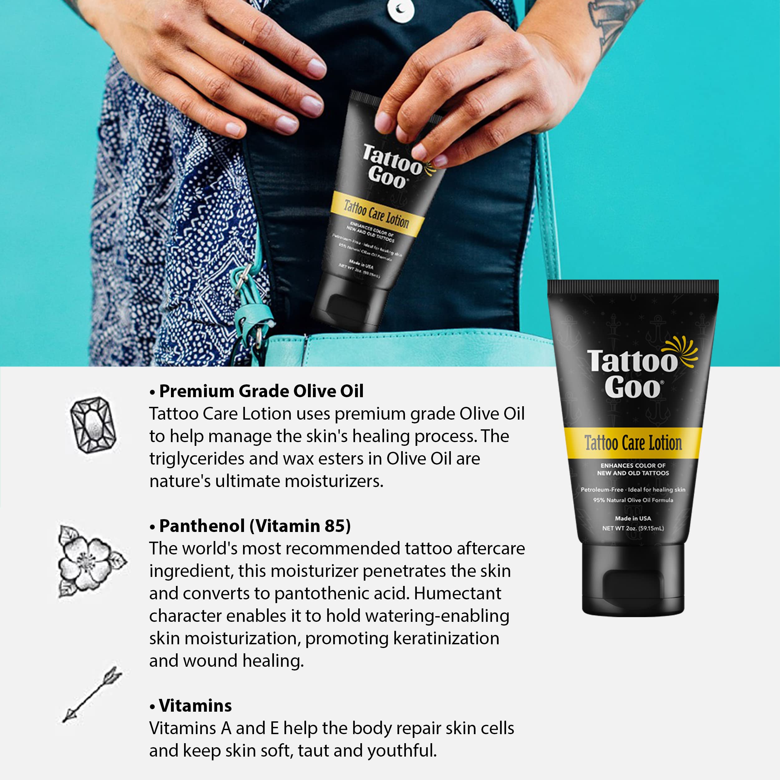 Color preservation focus showing vibrant healed tattoo with Tattoo Goo aftercare.