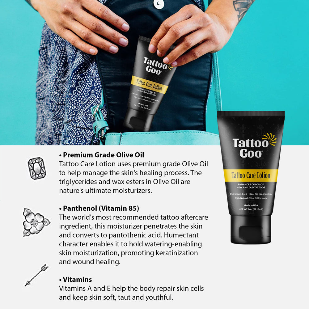 Color preservation focus showing vibrant healed tattoo with Tattoo Goo aftercare.