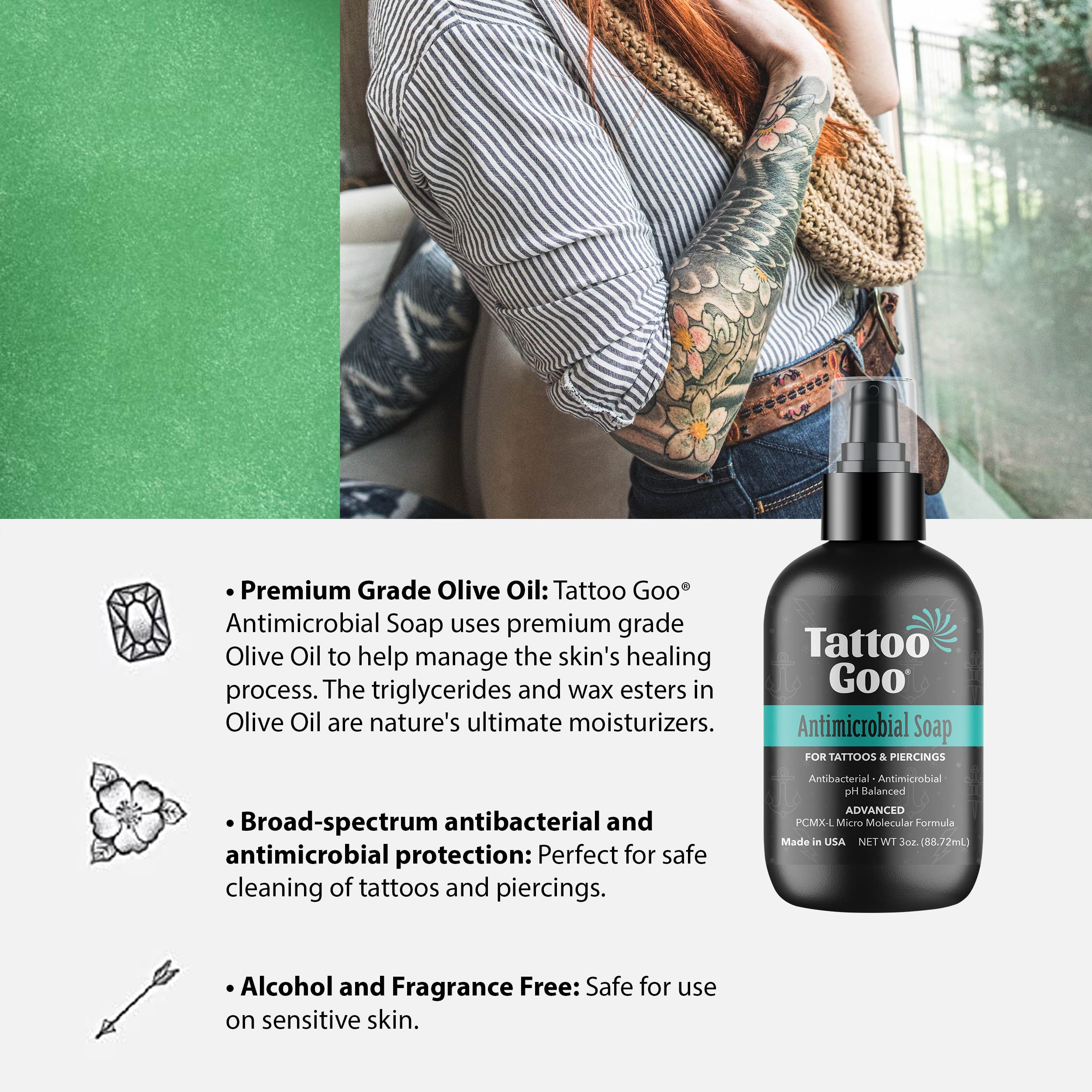 Tattoo Goo olive oil hydration label highlights pH-balanced moisture.