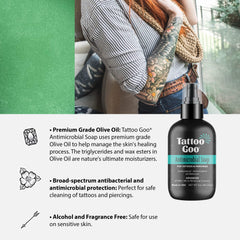 Tattoo Goo olive oil hydration label highlights pH-balanced moisture.