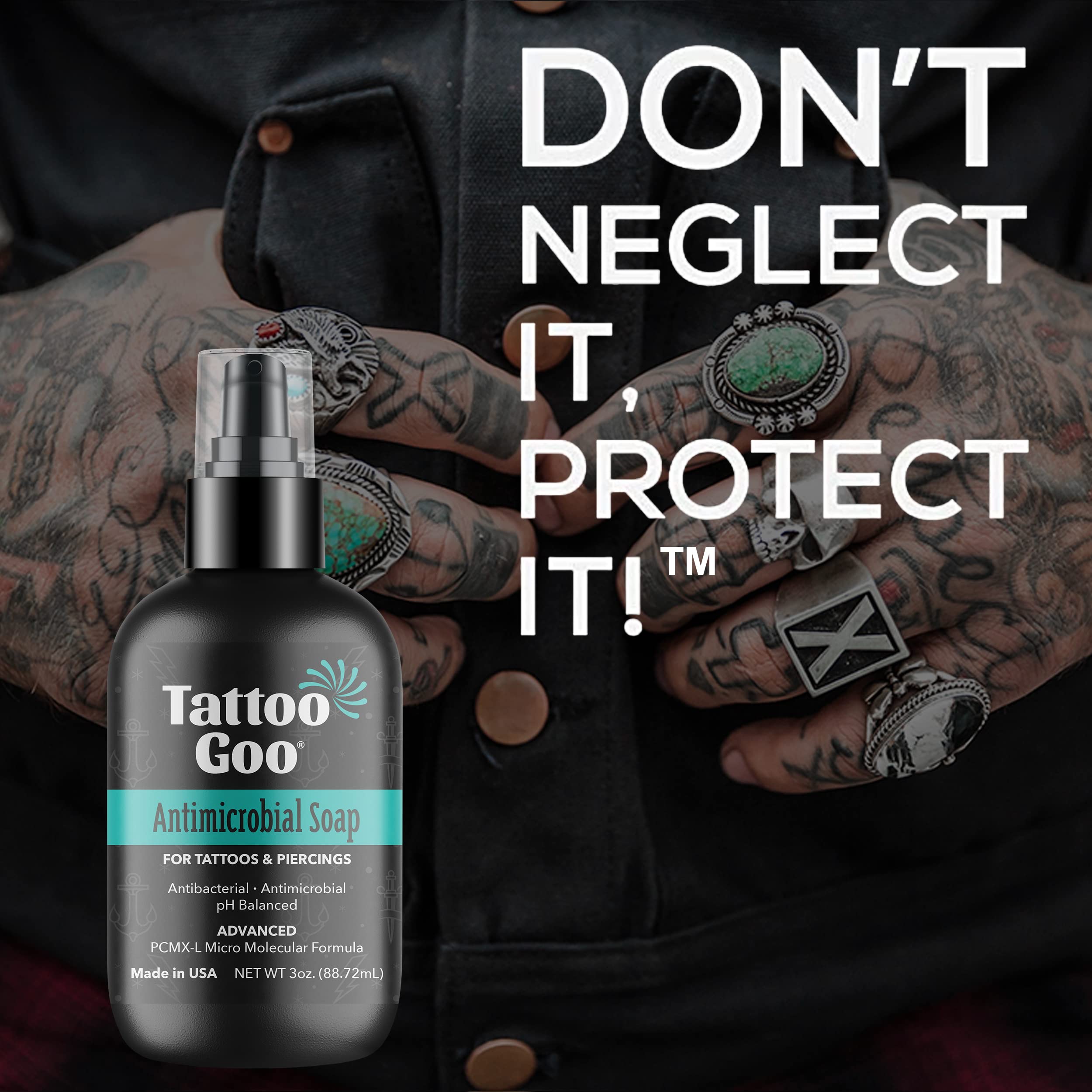Tattoo Goo PCMX-L formula graphic communicates gentle cleansing.
