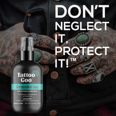 Tattoo Goo PCMX-L formula graphic communicates gentle cleansing.
