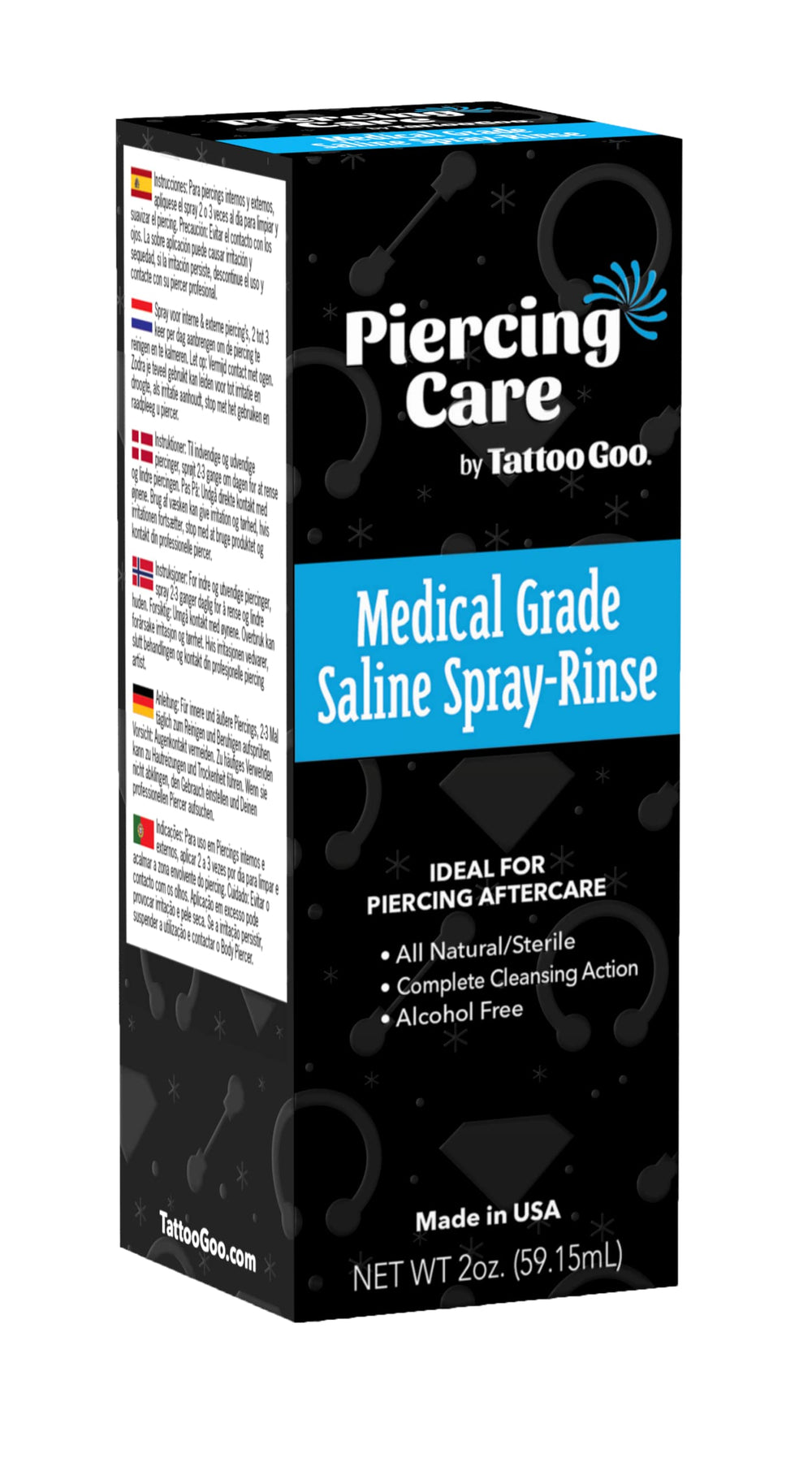 Tattoo Goo saline spray aftercare use supports gentle daily cleansing around pierced areas.