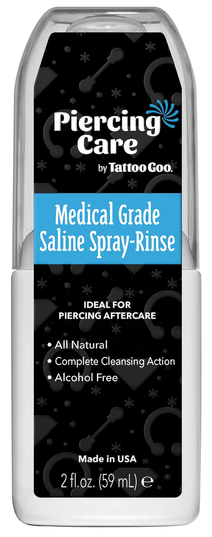 Tattoo Goo saline spray bottle pour demonstrates gentle cleansing for new piercings and supports healing.