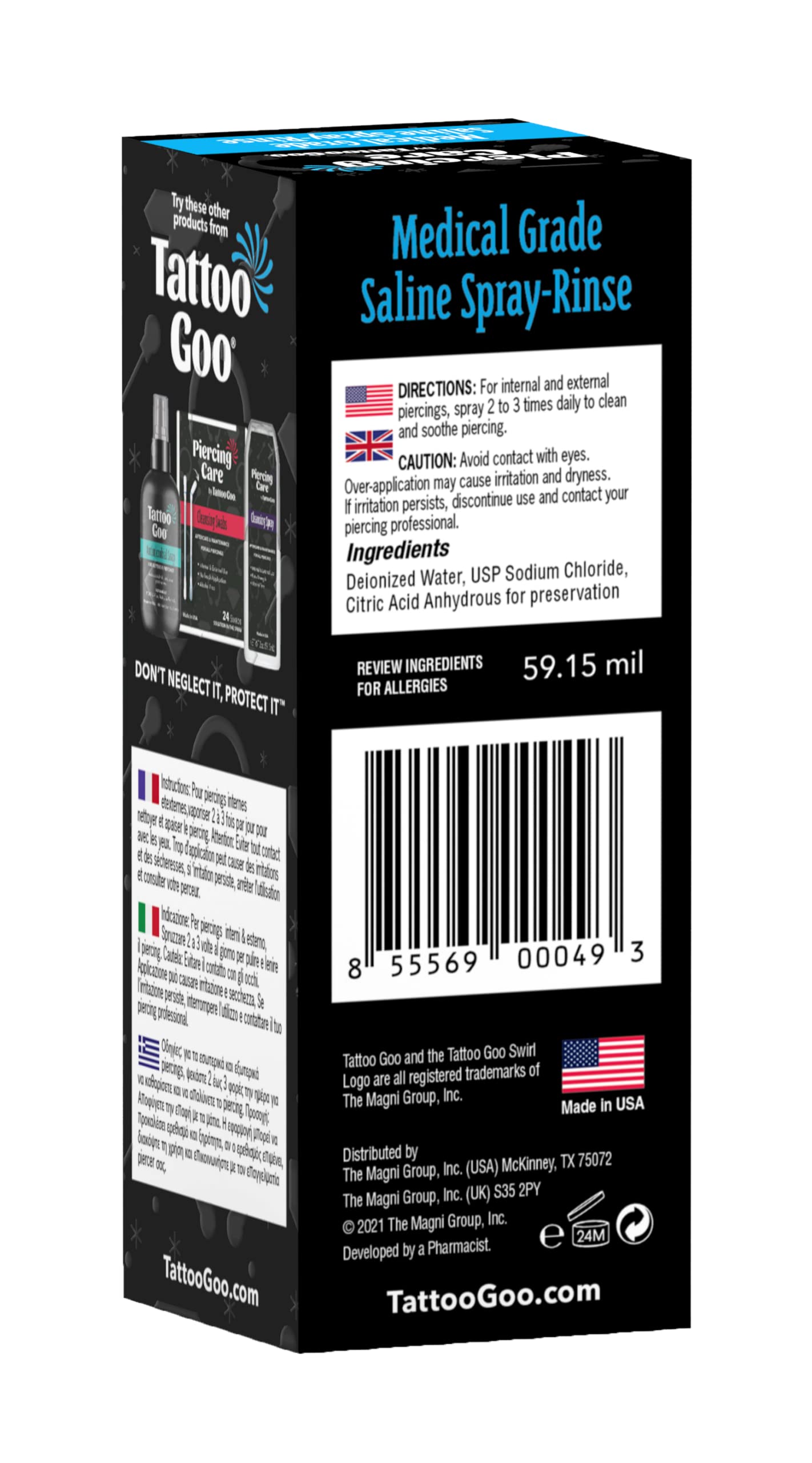 Tattoo Goo saline spray packaging emphasizes eco-friendly, non-aerosol design for responsible home care.