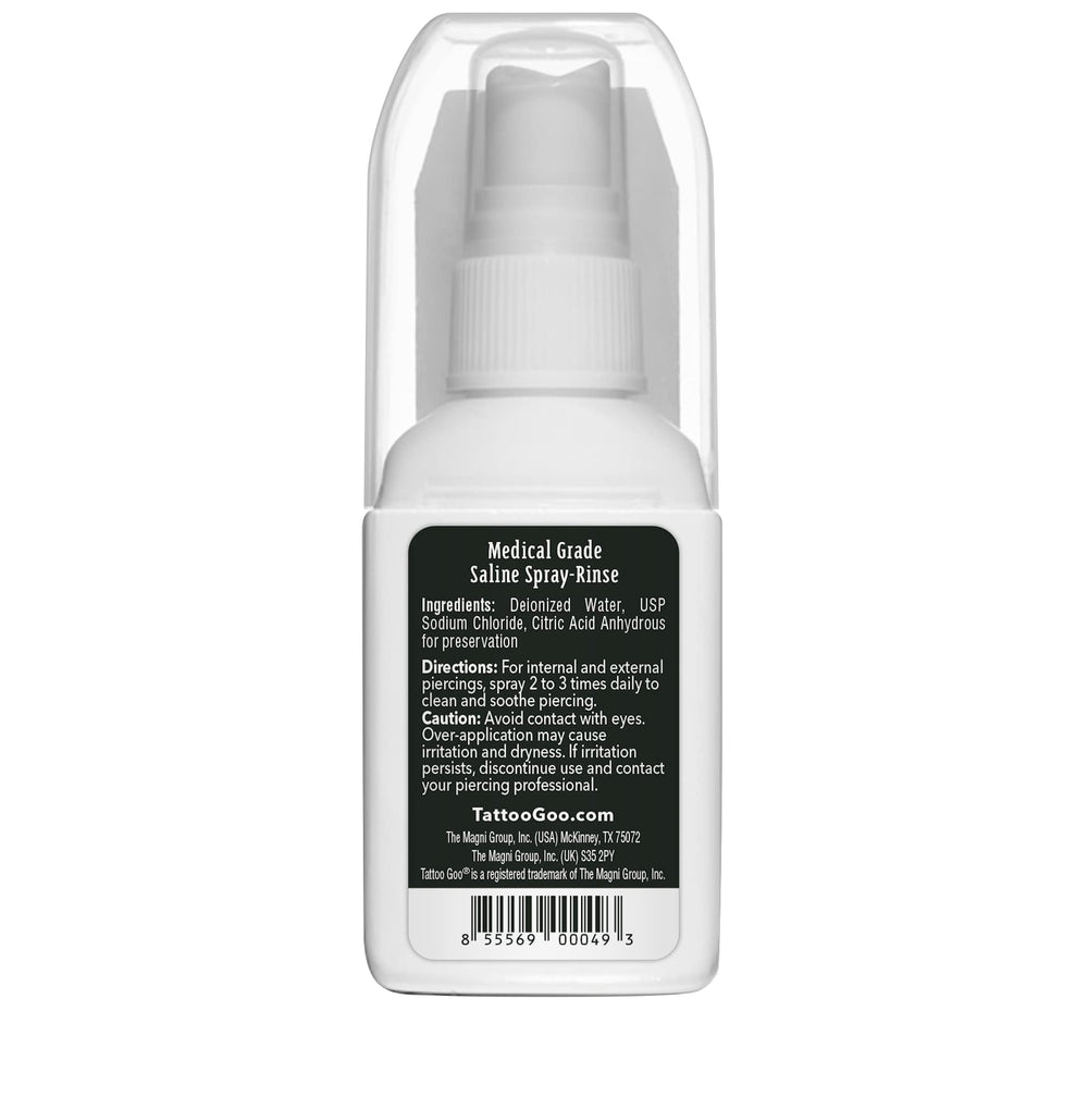 Tattoo Goo saline spray piercing cleanse highlights safe, salt-based care between jewelry changes.