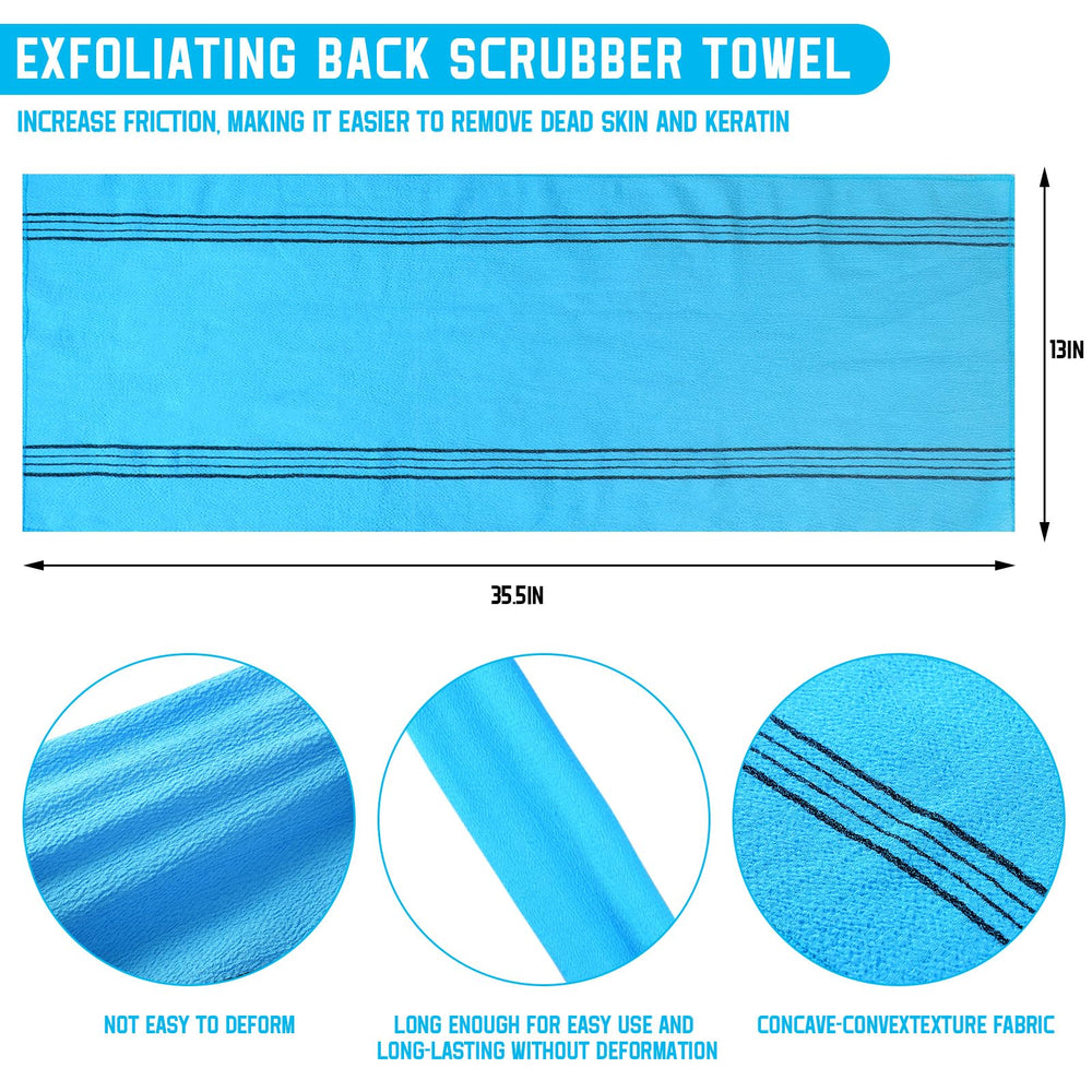 Tatuo blue back-scrubber washcloth reaching the back for thorough cleansing