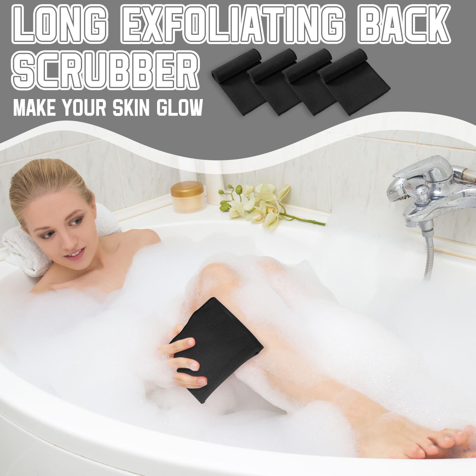 Tatuo back scrubber cloth pairs with soap for effective dead-skin removal.