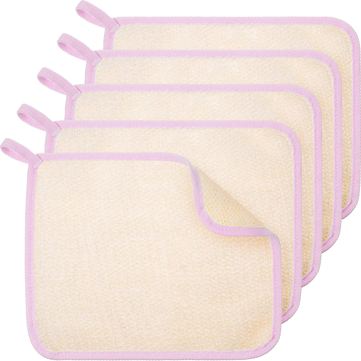 Tatuo exfoliating cloths dual-texture for face and body with pink edge for gentle exfoliation.