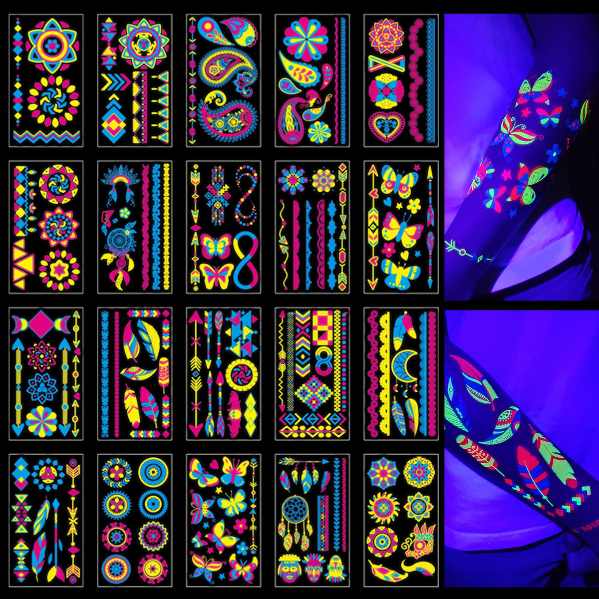 TATUWST glow in the dark tattoos 172pcs pack glows under UV light for party play