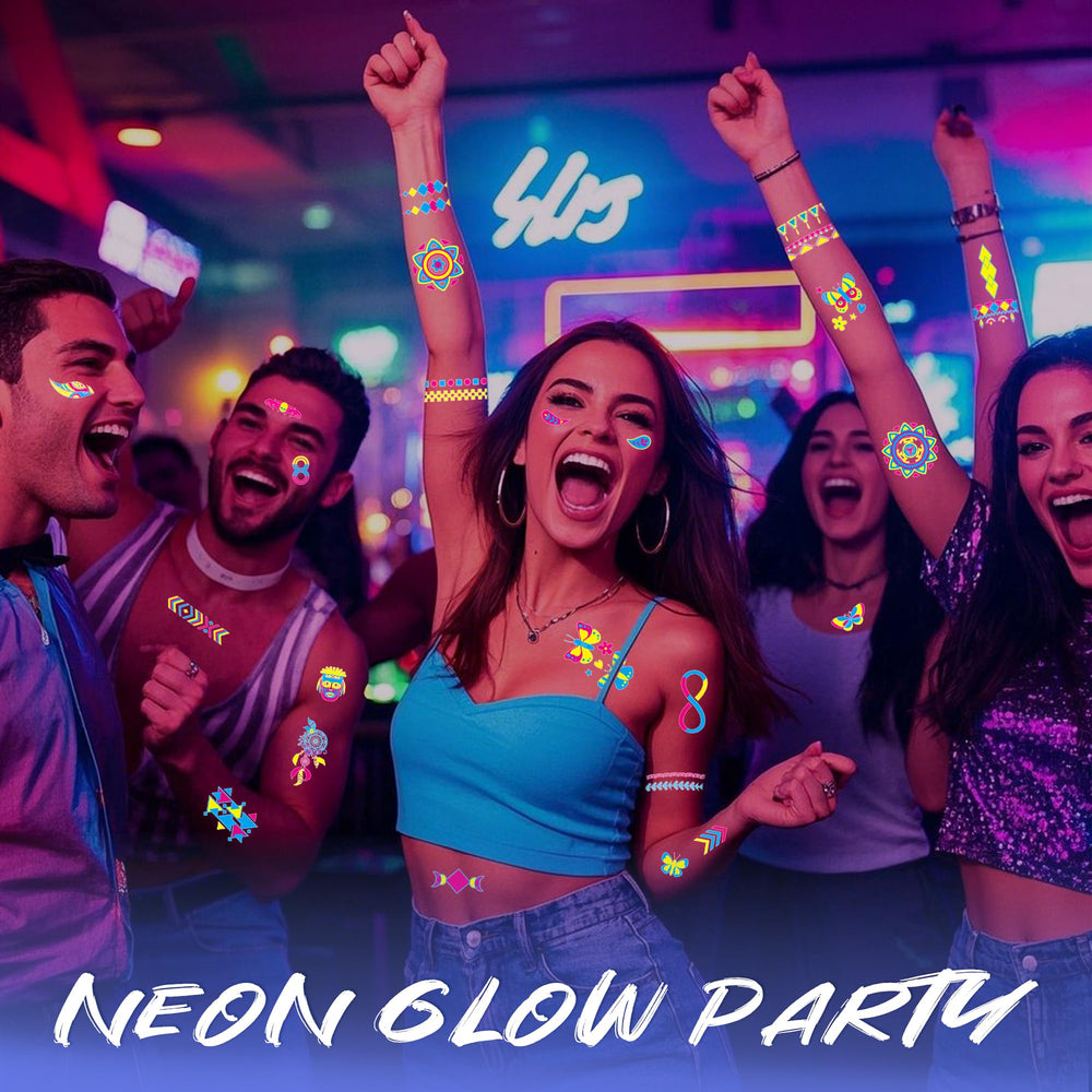 TATUWST UV-reactive face and body tattoos pair with neon shirts and decorations