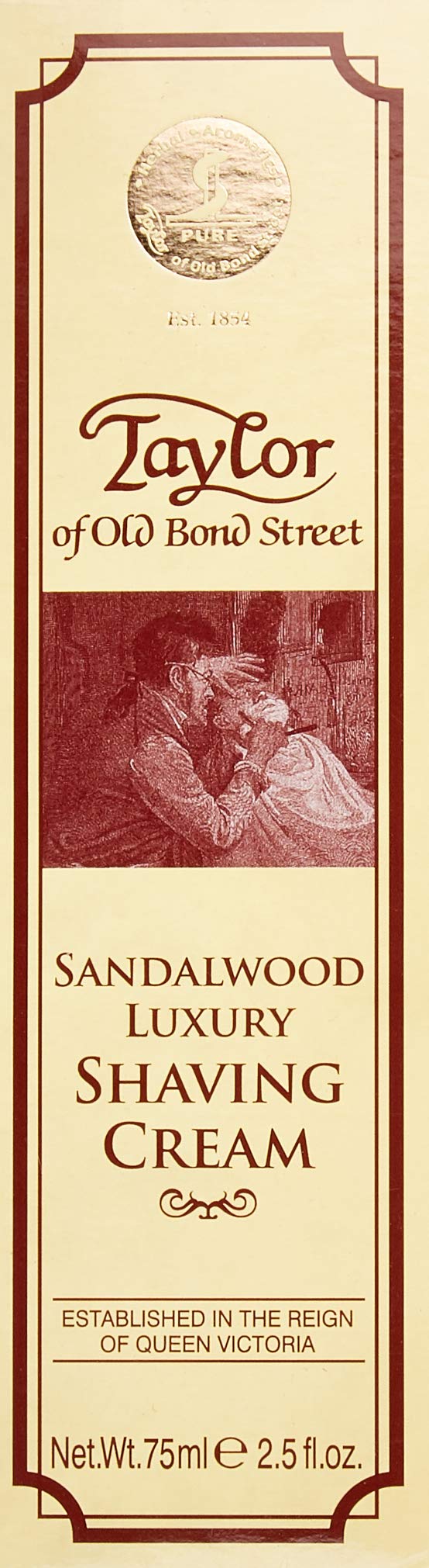Taylor of Old Bond Street sandalwood cream packaging keeps premium shave cream fresh.