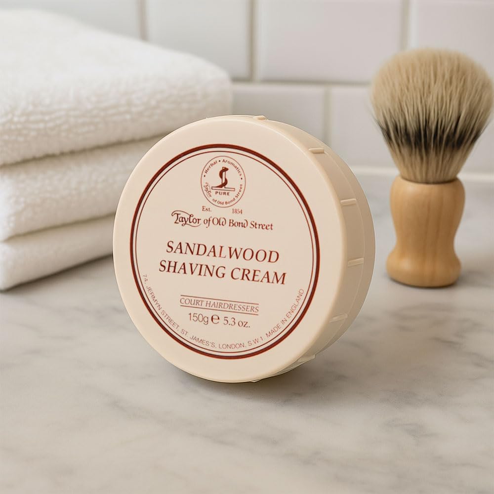 Taylor of Old Bond Street sandalwood shaving cream bowl open for easy storage