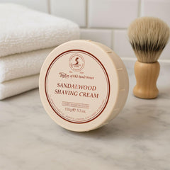 Taylor of Old Bond Street sandalwood shaving cream bowl open for easy storage