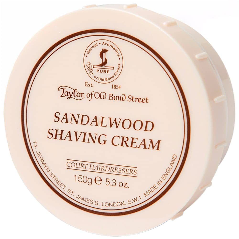 Taylor of Old Bond Street sandalwood shaving cream bowl with rich lather ready for brush