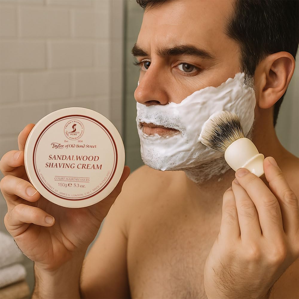 Closeup of Taylor of Old Bond Street sandalwood shaving cream foam for a luxurious glide