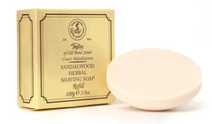 Taylor of Old Bond Street sandalwood hard soap refill packaging for classic shave and rich lather.