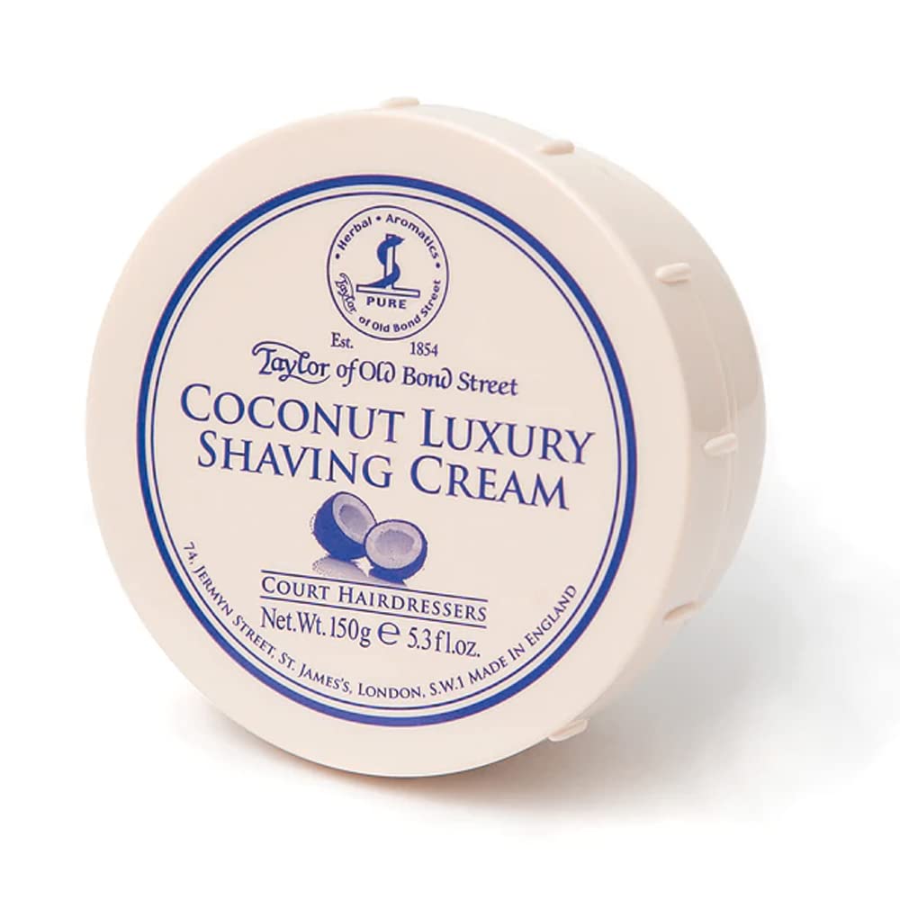 Taylor of Old Bond Street coconut shaving cream bowl close-up showing smooth lather for a refined shave.