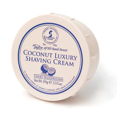Taylor of Old Bond Street coconut shaving cream bowl close-up showing smooth lather for a refined shave.
