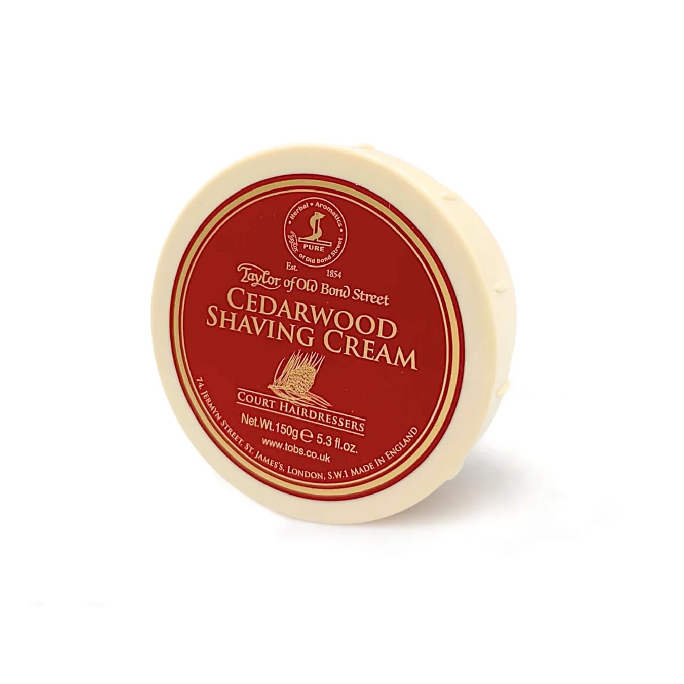 Taylor of Old Bond Street Cedarwood shaving cream jar provides rich, protective lather for a smooth shave.