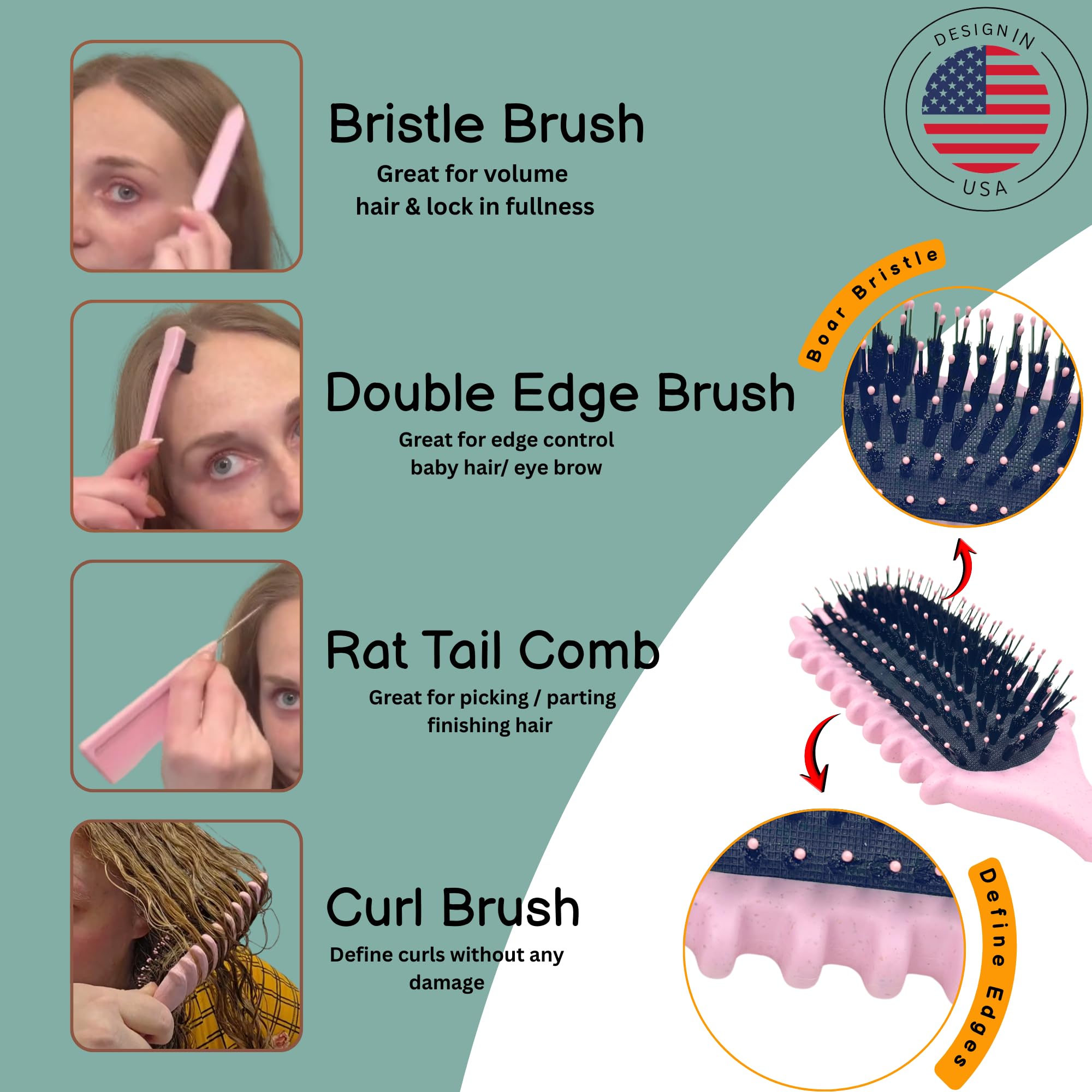 TAZ USA curl brush features a tip-handle for precision parting and heatless curl ideas.