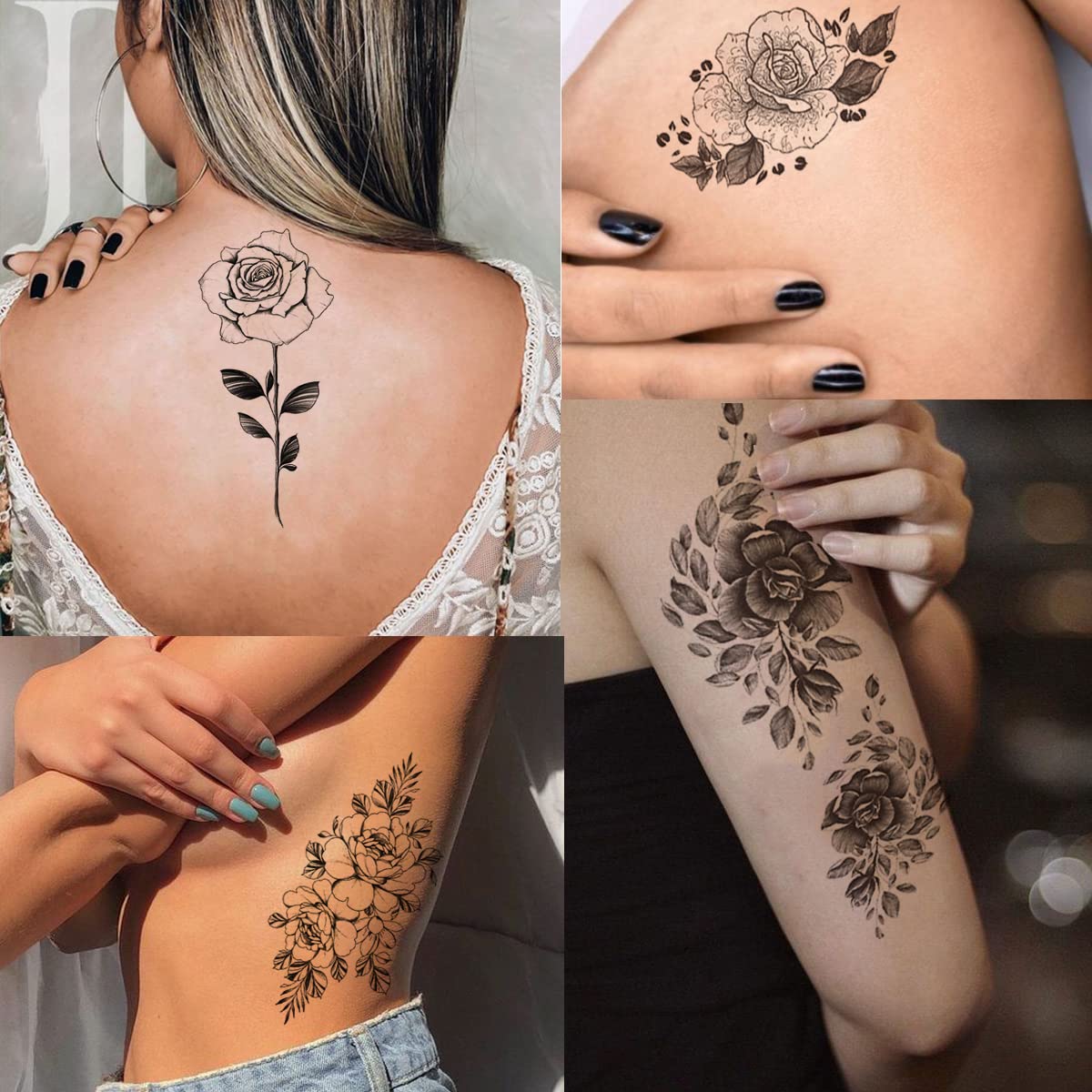 Tazimi tatuajes rosas negras en la espalda, estilo distintivo para eventos.