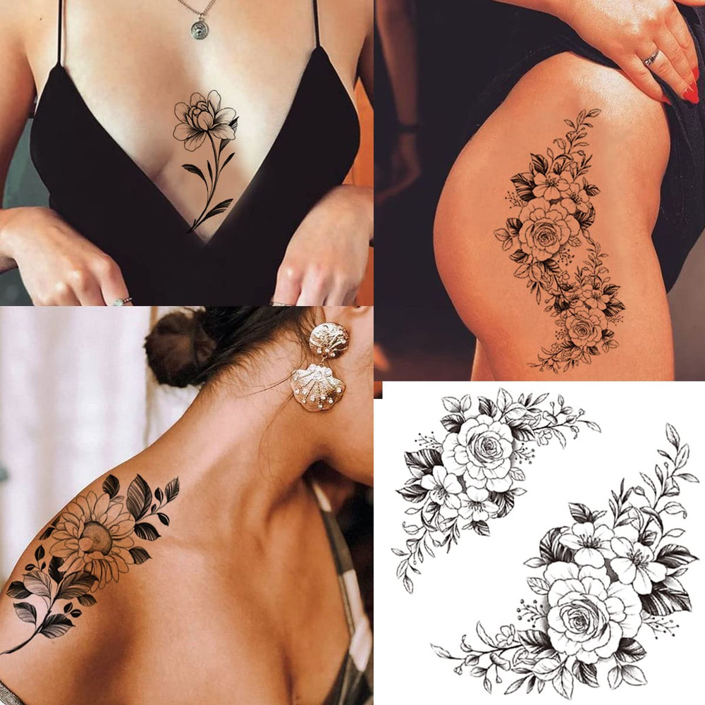 Tazimi tatuajes temporales rosas negras en la mano, opción elegante para fiestas.