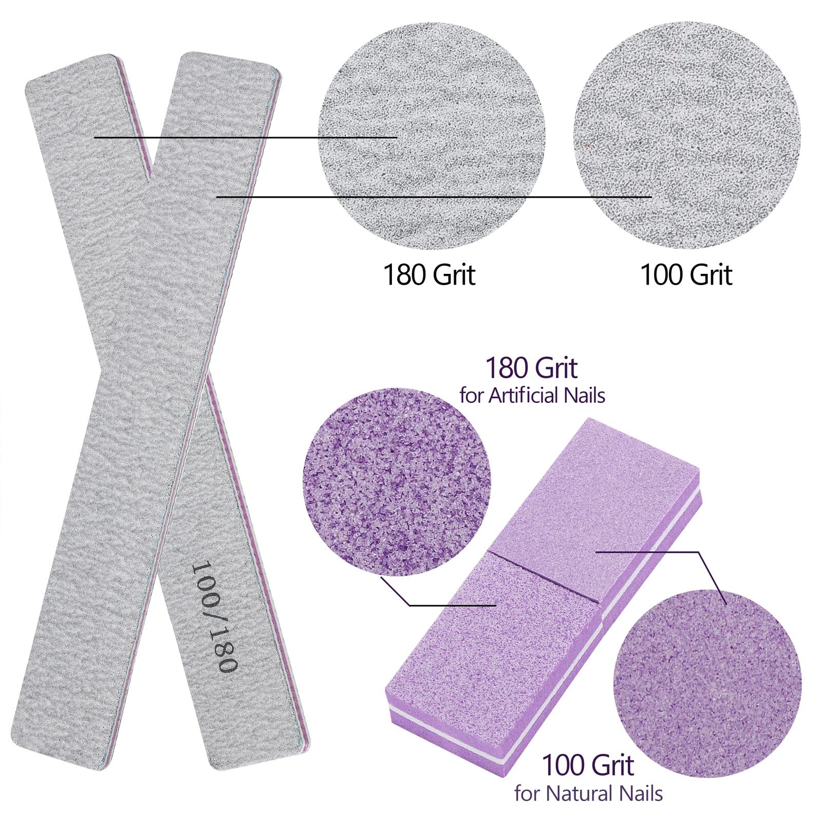 Tbestmax double-sided 100/180 grit file smooths edges for acrylic and natural nails.