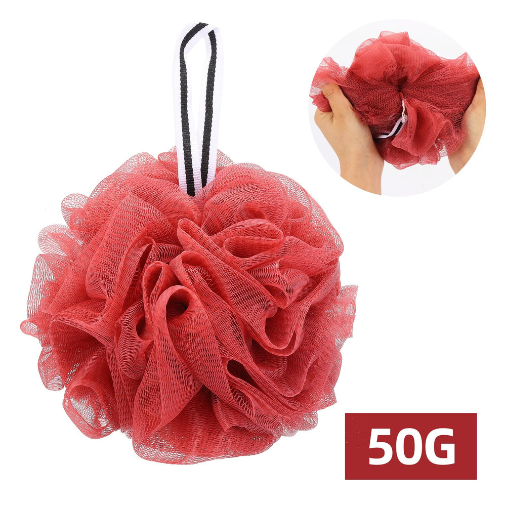 Esponja de baño Tbestmax roja con malla, genera espuma rica con poco jabón.