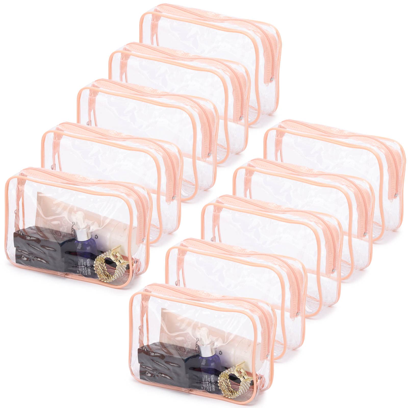 Tbestmax peach pink clear cosmetic bag showing travel-ready visibility and size 7.5 x 4.8 x 2.3 inches.