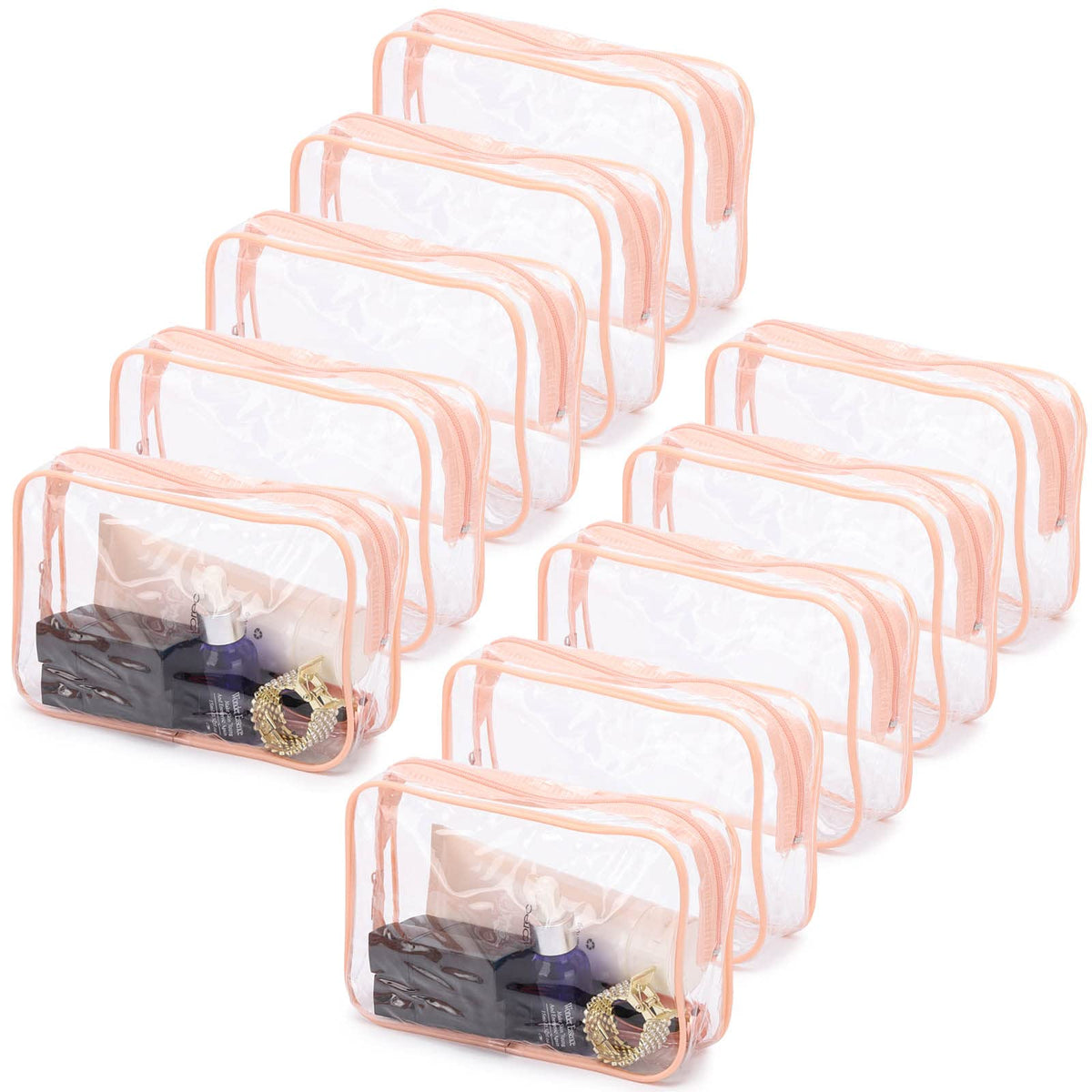 Tbestmax peach pink clear cosmetic bag showing travel-ready visibility and size 7.5 x 4.8 x 2.3 inches.