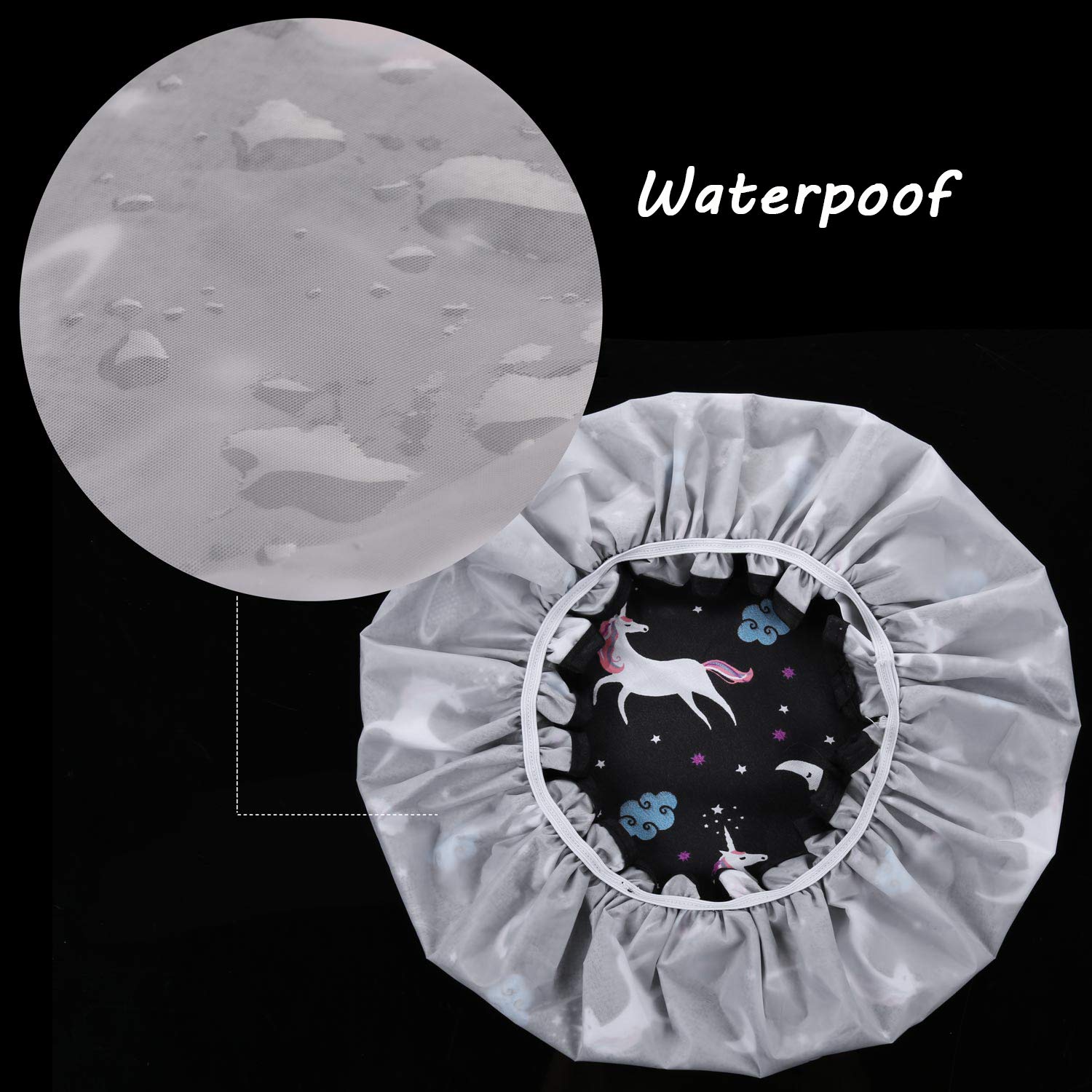 Tbestmax unicorn shower cap double-layer design offers extra waterproof protection.