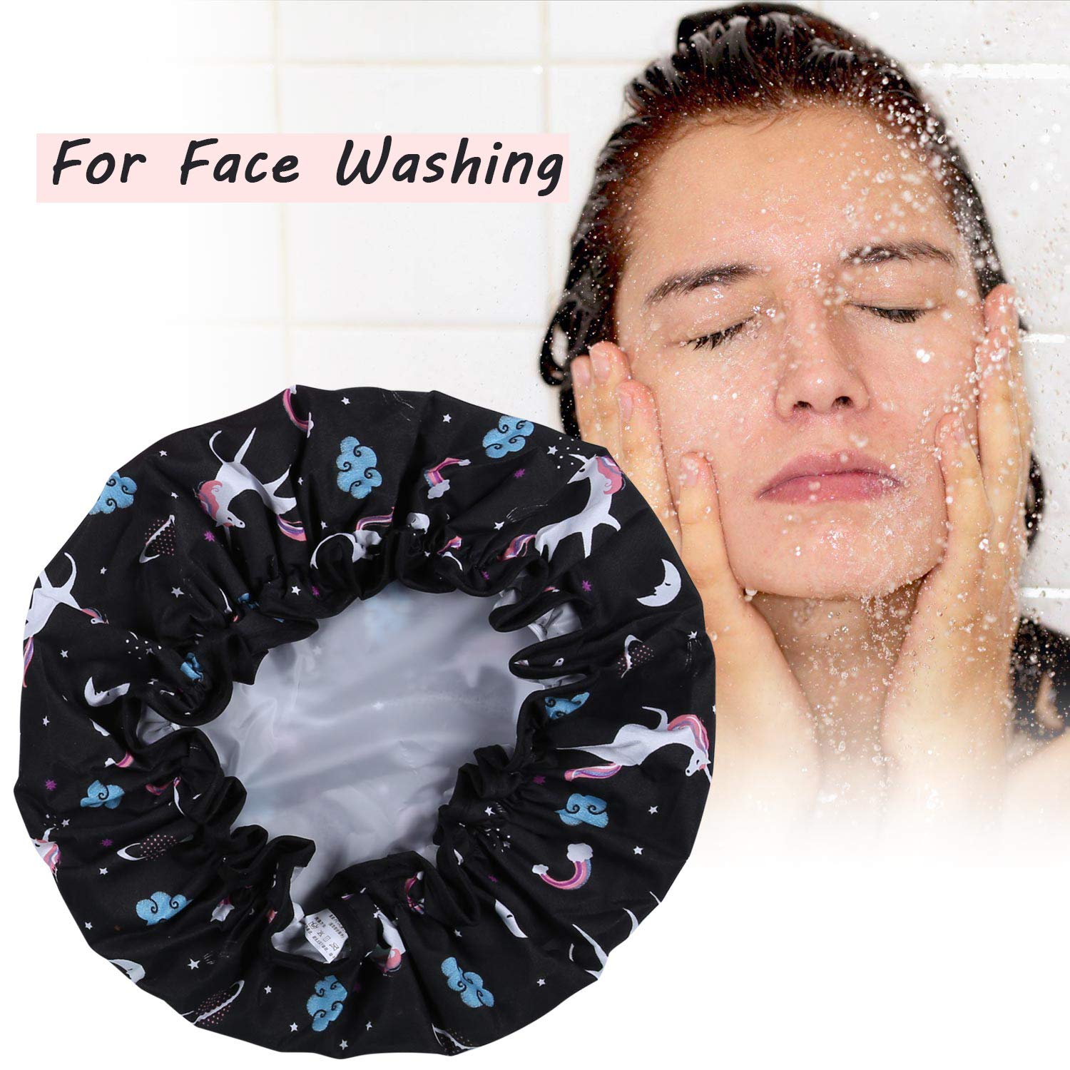 Tbestmax unicorn shower cap waterproof material keeps hair dry in the shower.